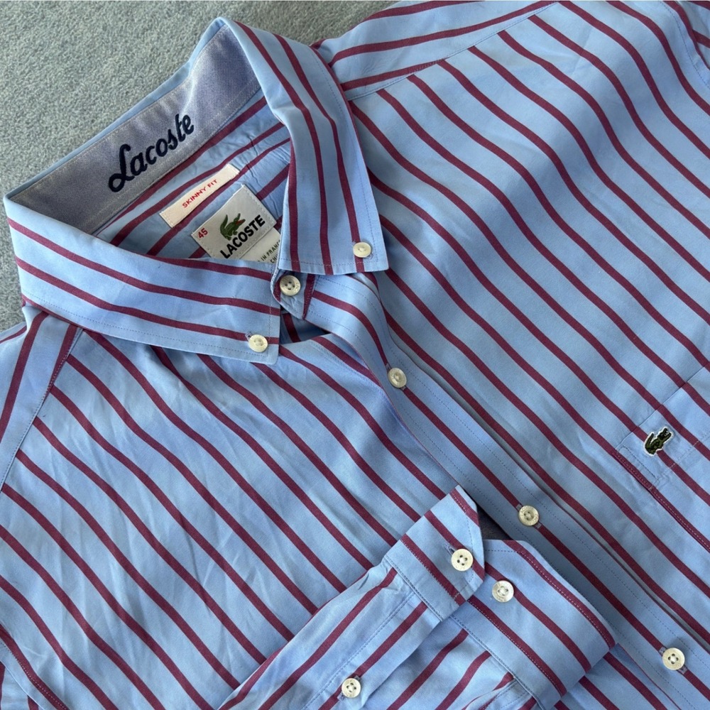 Lacoste Mens Skinny Fit Striped Button Down Shirt Blue Burgundy Size 45 F5182